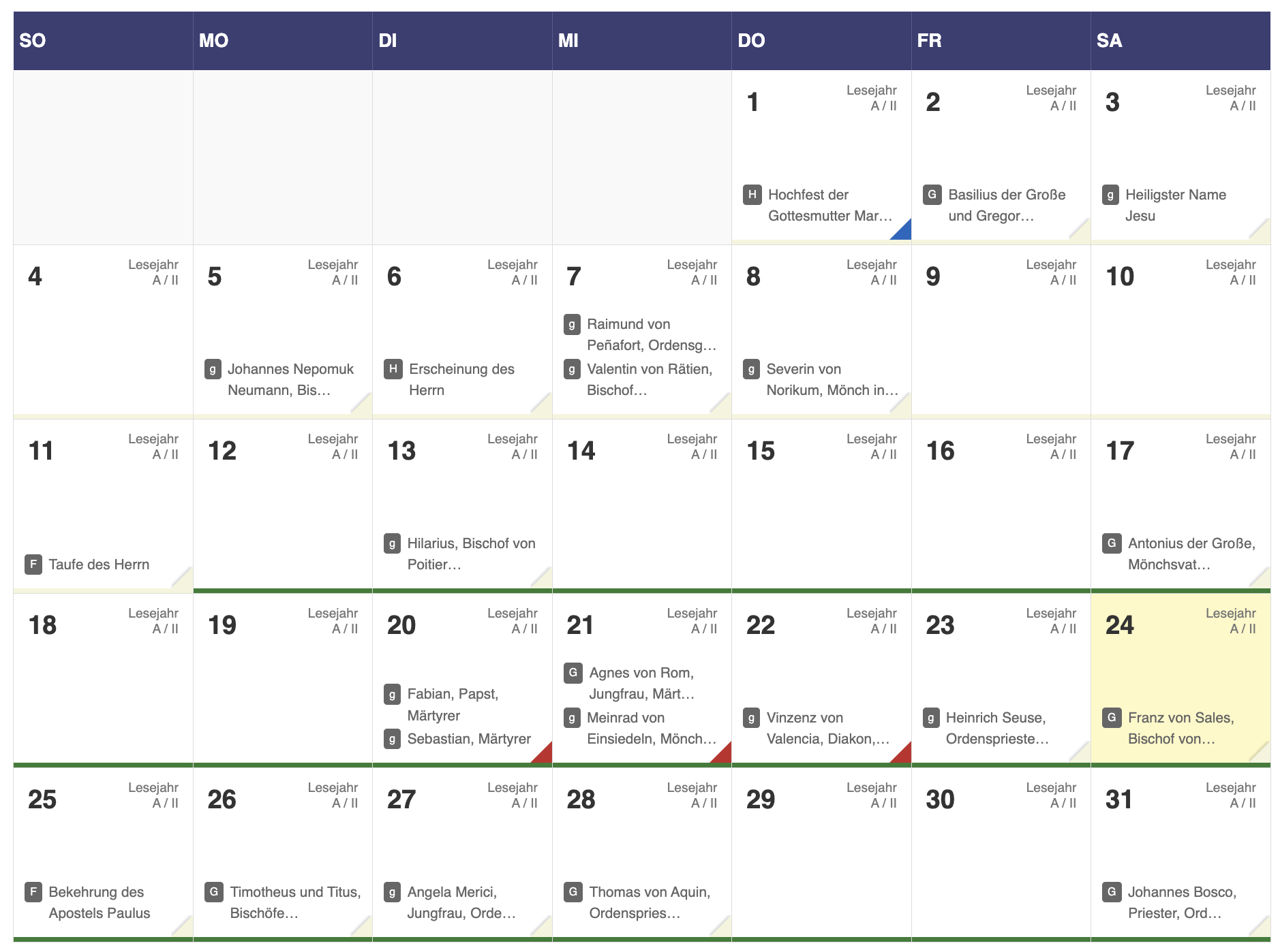 Vorschau des Liturgischen Kalenders
